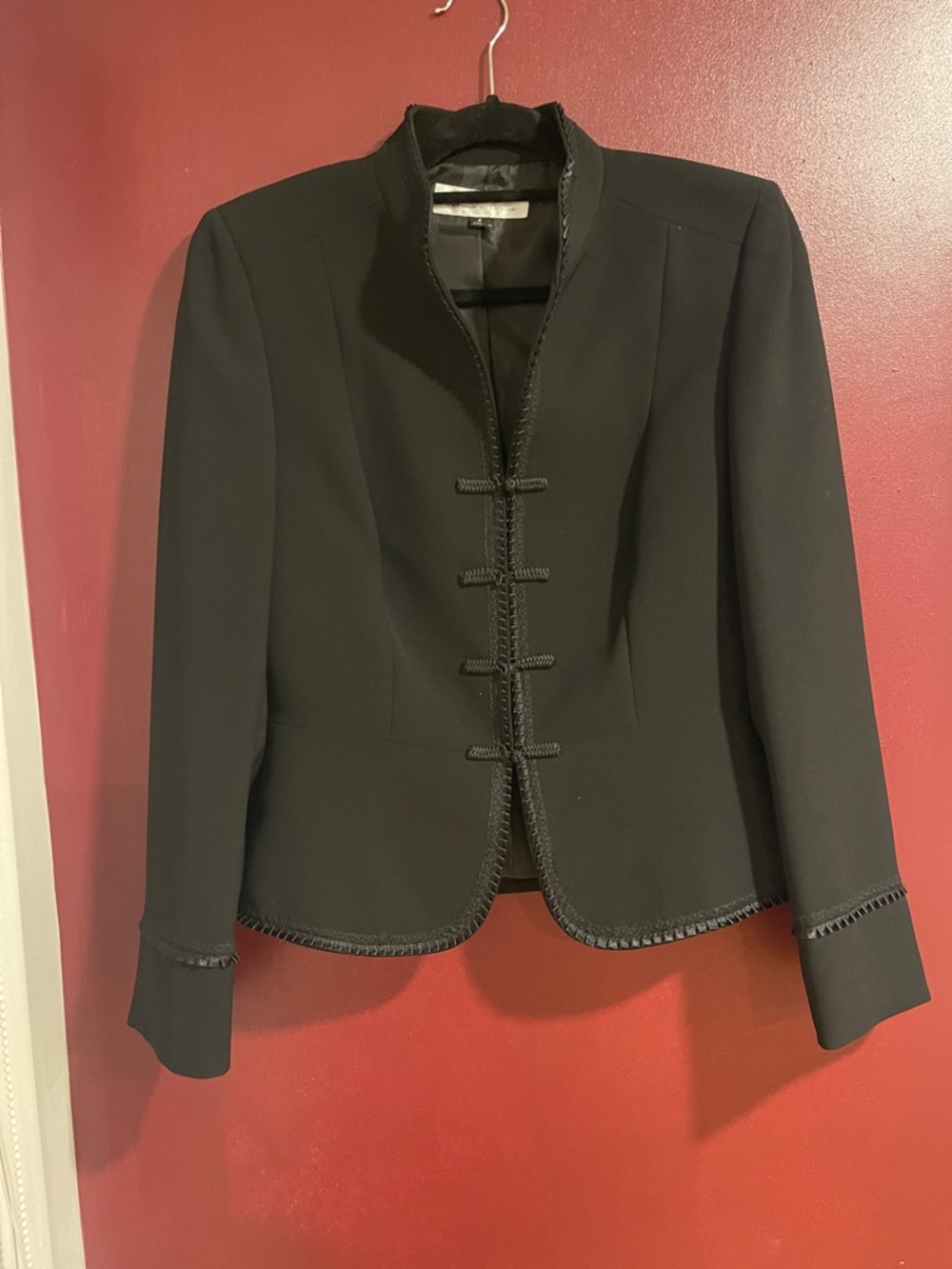 Classic Black Mandarin-Collar Blazer with Braided Trim